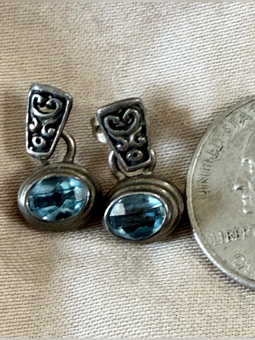Vintage Silver Drop Earrings With Aquamarine Stones And Scrollwork Details